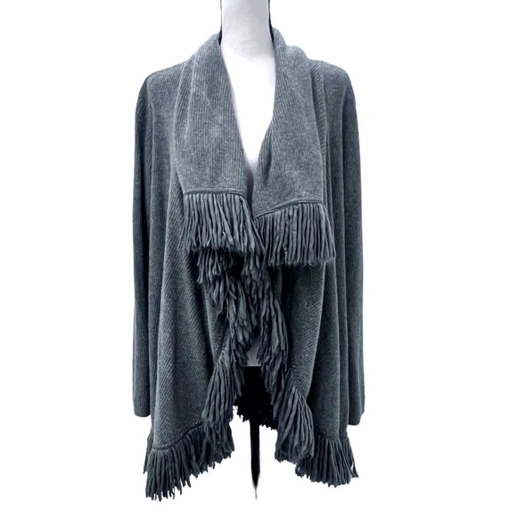 CATHERINE MALANDRINO GRAY WOOL & CASHMERE RIBBED KNIT OPEN CARDIGAN WITH FRINGE - Picture 2 of 13